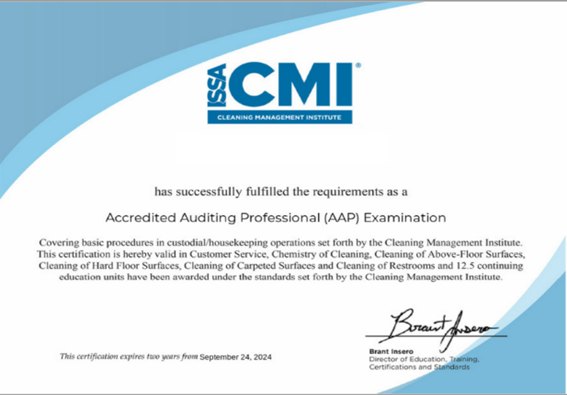 ISSA Cleaning Management Institute Accredited Auditing Professional certificate